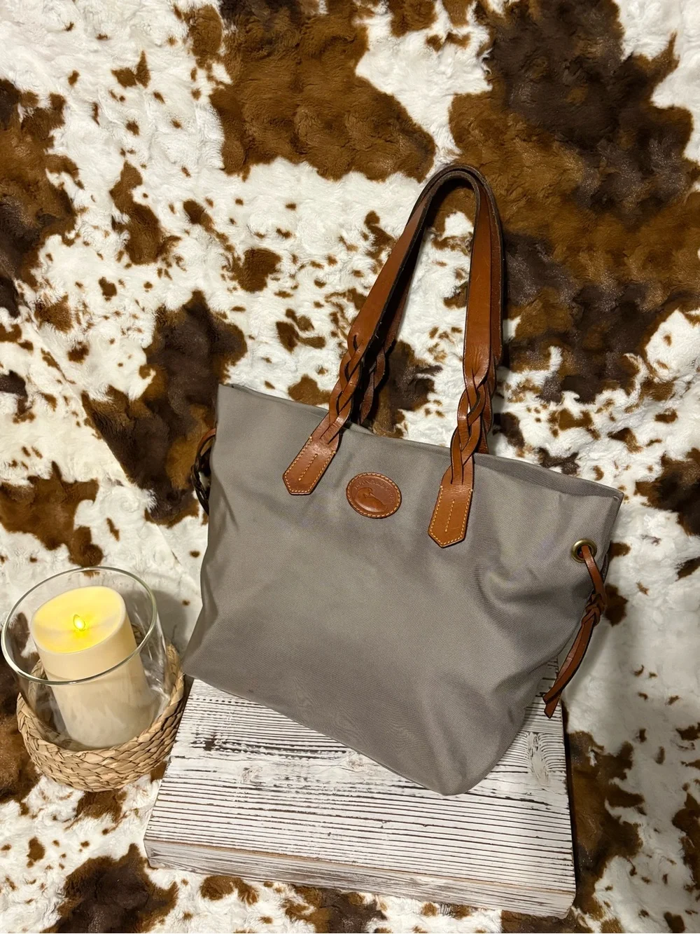 Dooney & Bourke Gray Canvas Tote with Brown Leather Trim